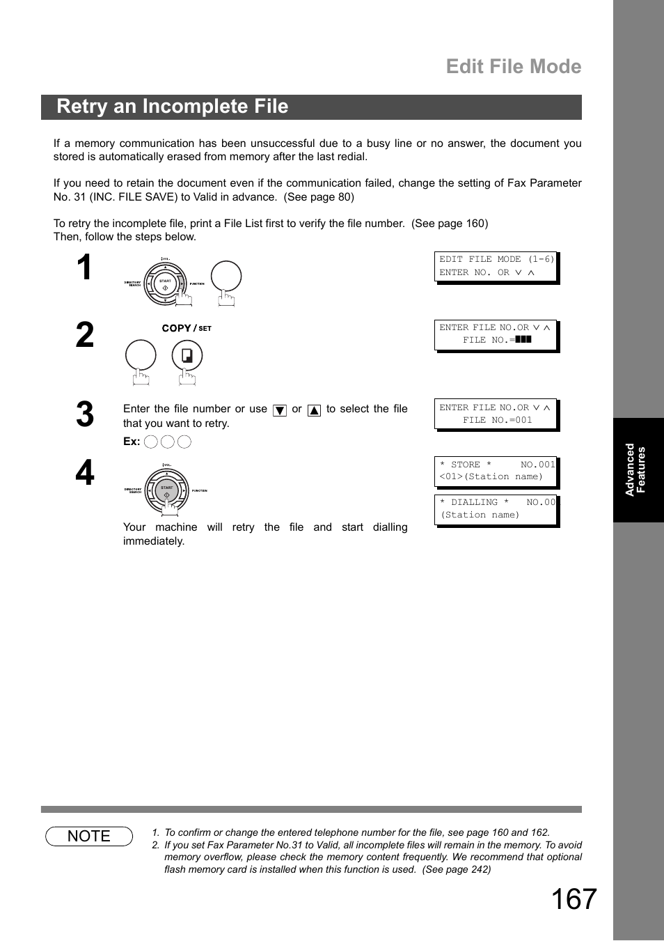 Retry an incomplete file, Edit file mode | Panasonic DX-600 User Manual | Page 167 / 255
