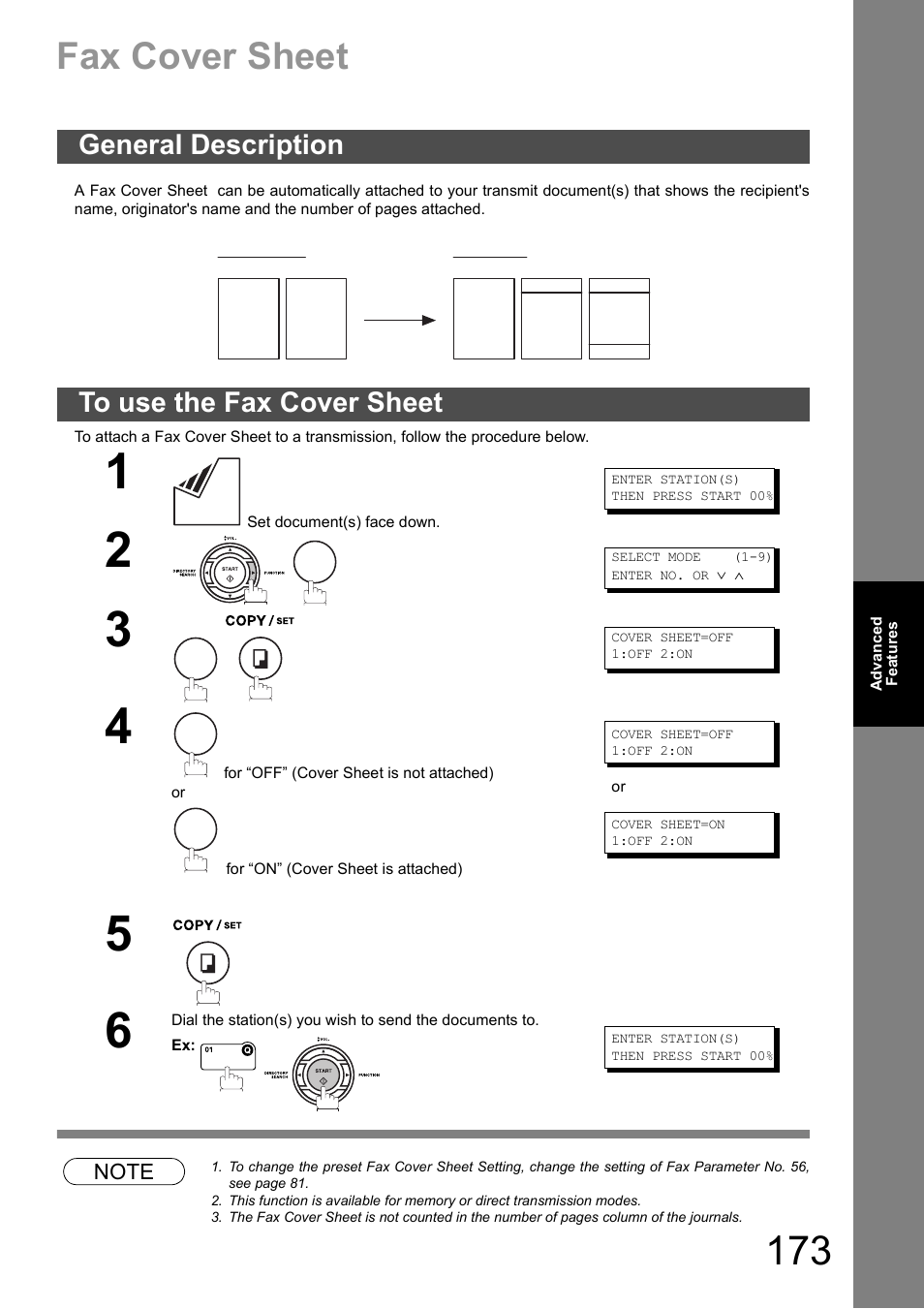 Cover sheet, General description, To use the fax cover sheet | Fax cover sheet, General description to use the fax cover sheet | Panasonic DX-600 User Manual | Page 173 / 255