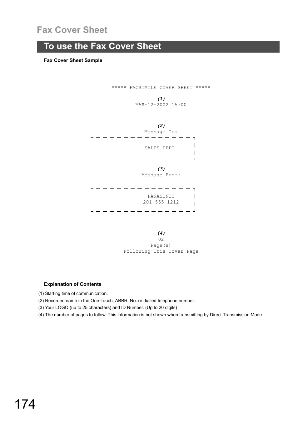 Fax cover sheet | Panasonic DX-600 User Manual | Page 174 / 255