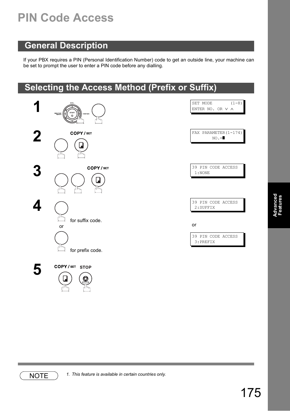 Pin code access, General description, Selecting the access method (prefix or suffix) | Panasonic DX-600 User Manual | Page 175 / 255