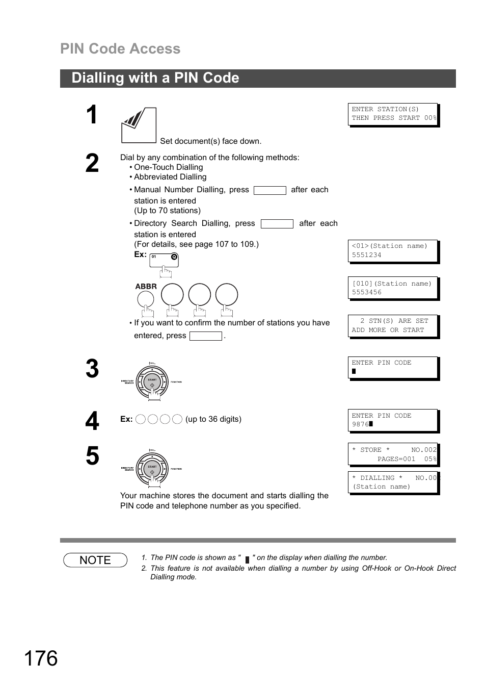 Dialling with a pin code, Pin code access | Panasonic DX-600 User Manual | Page 176 / 255