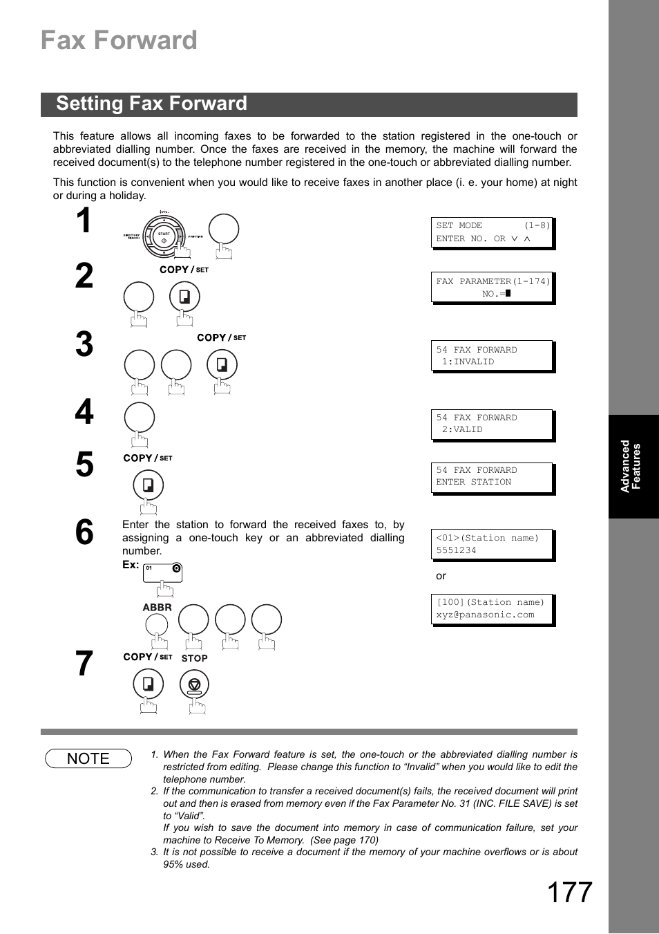 Fax forward, Setting fax forward, S 177 | Panasonic DX-600 User Manual | Page 177 / 255