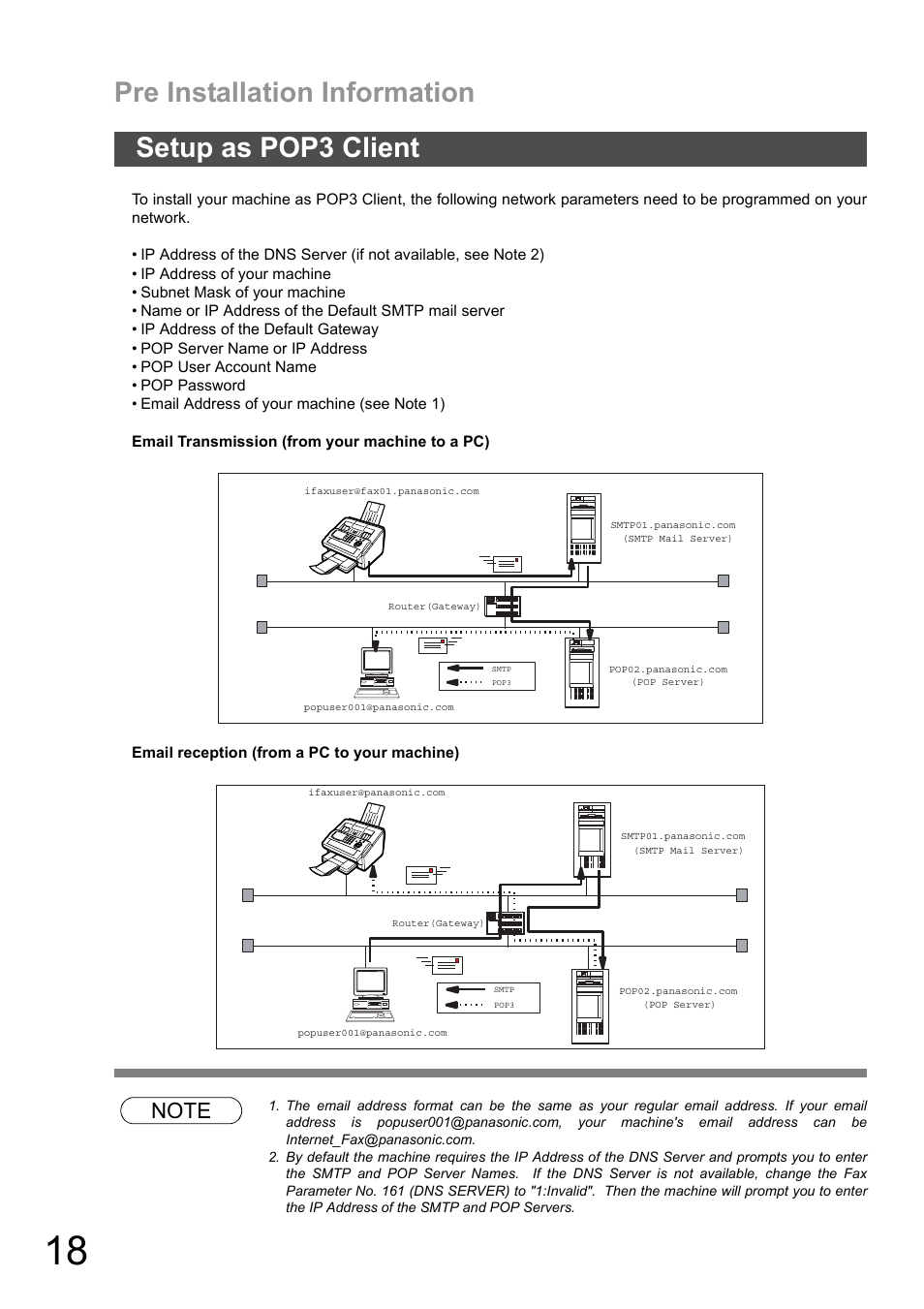 Setup as pop3 client, Pre installation information | Panasonic DX-600 User Manual | Page 18 / 255