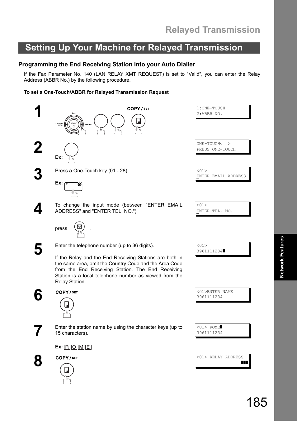 Setting up your machine for relayed transmission, Relayed transmission | Panasonic DX-600 User Manual | Page 185 / 255