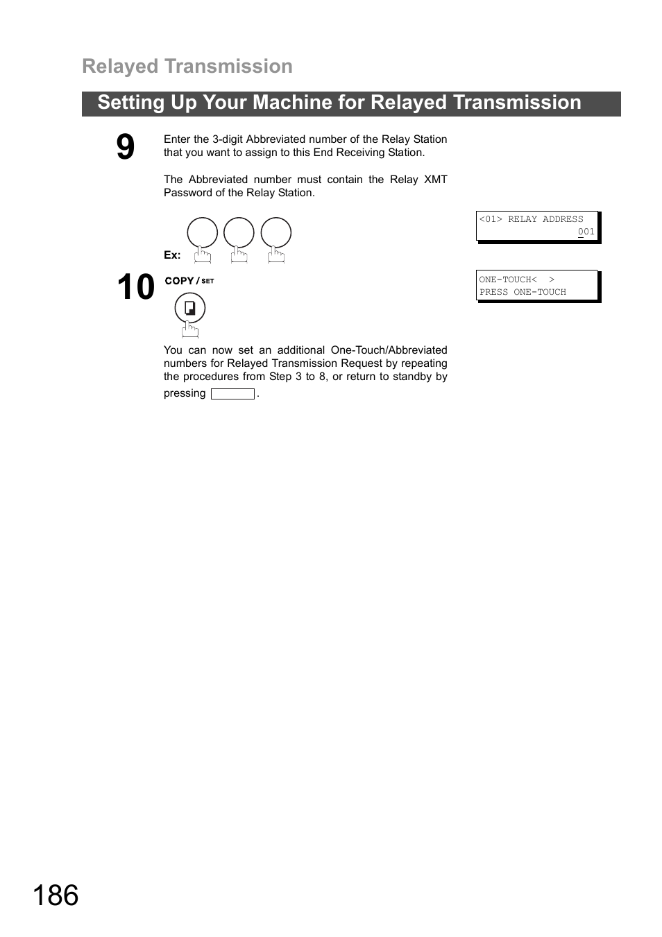 Relayed transmission, Setting up your machine for relayed transmission | Panasonic DX-600 User Manual | Page 186 / 255