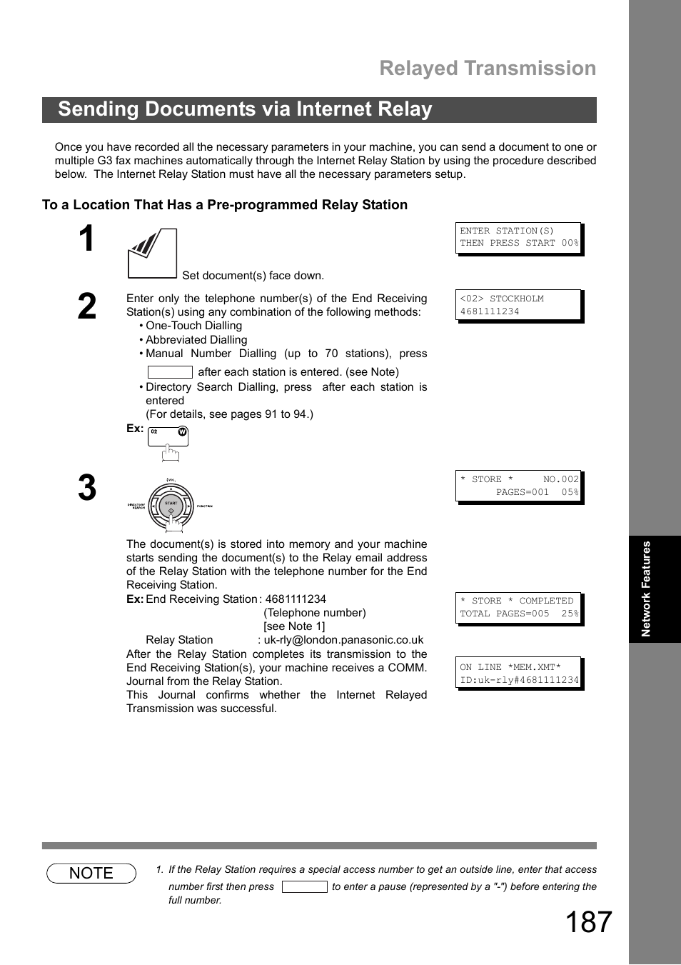 Sending documents via internet relay, Relayed transmission | Panasonic DX-600 User Manual | Page 187 / 255