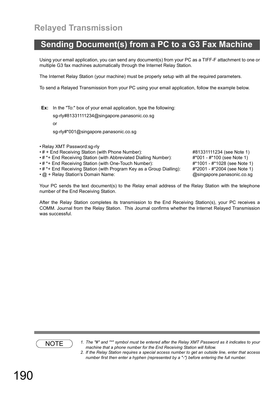 Sending document(s) from a pc to a g3 fax machine, Relayed transmission | Panasonic DX-600 User Manual | Page 190 / 255