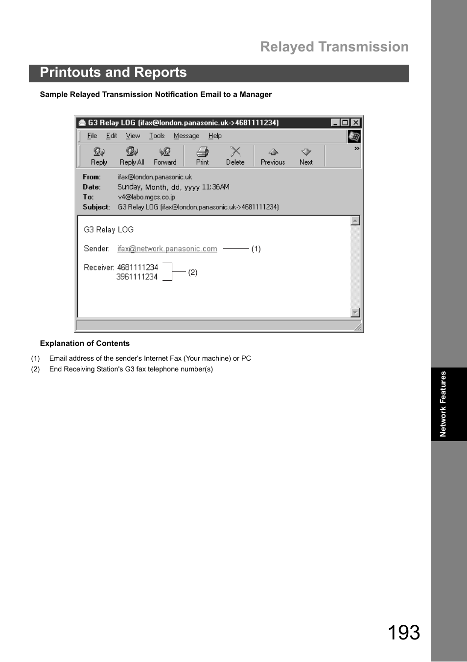 Relayed transmission, Printouts and reports | Panasonic DX-600 User Manual | Page 193 / 255