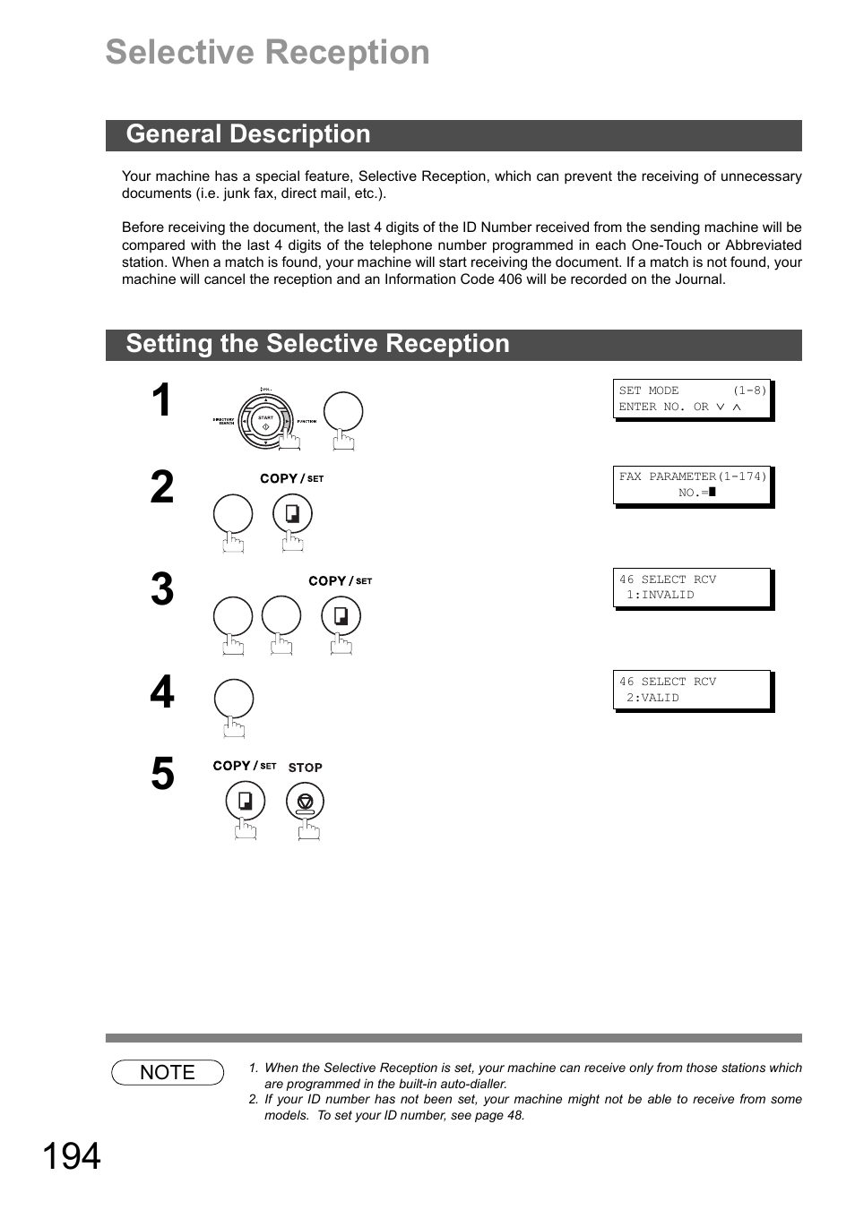 Selective reception, General description, Setting the selective reception | To 194) | Panasonic DX-600 User Manual | Page 194 / 255