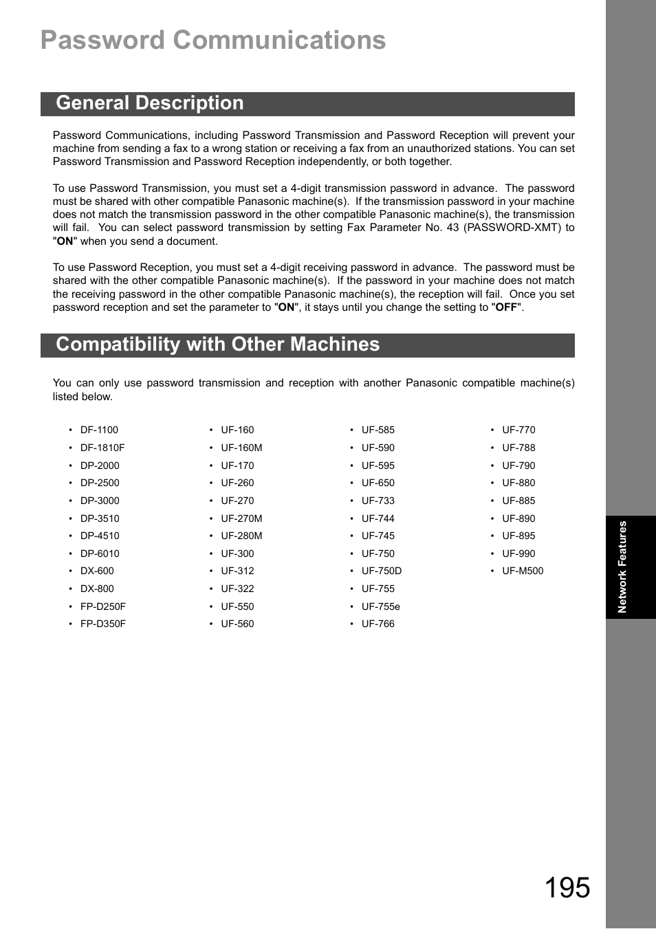 Password communications, General description, Compatibility with other machines | Panasonic DX-600 User Manual | Page 195 / 255