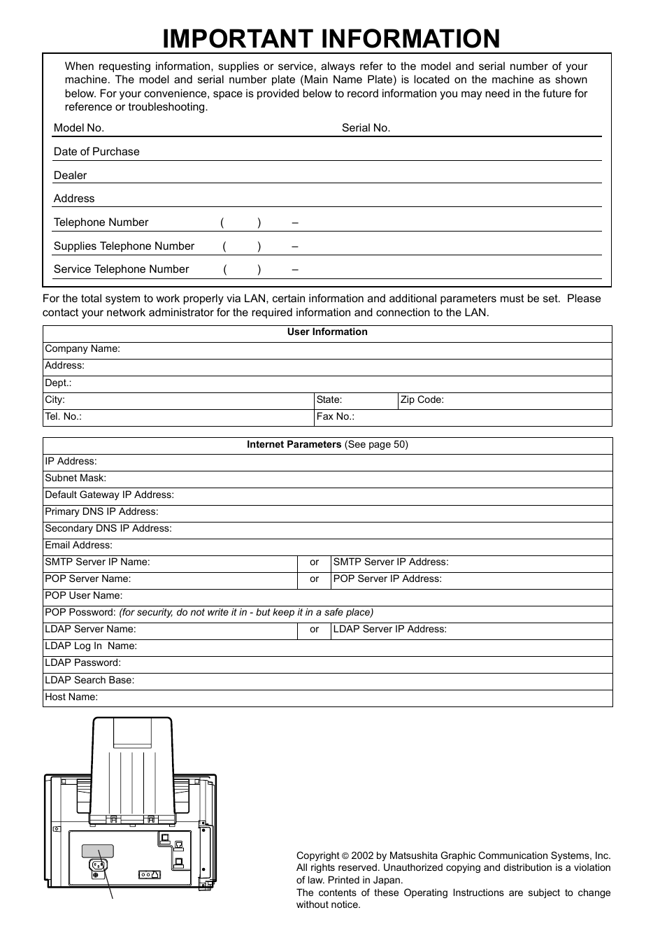 Important information | Panasonic DX-600 User Manual | Page 2 / 255