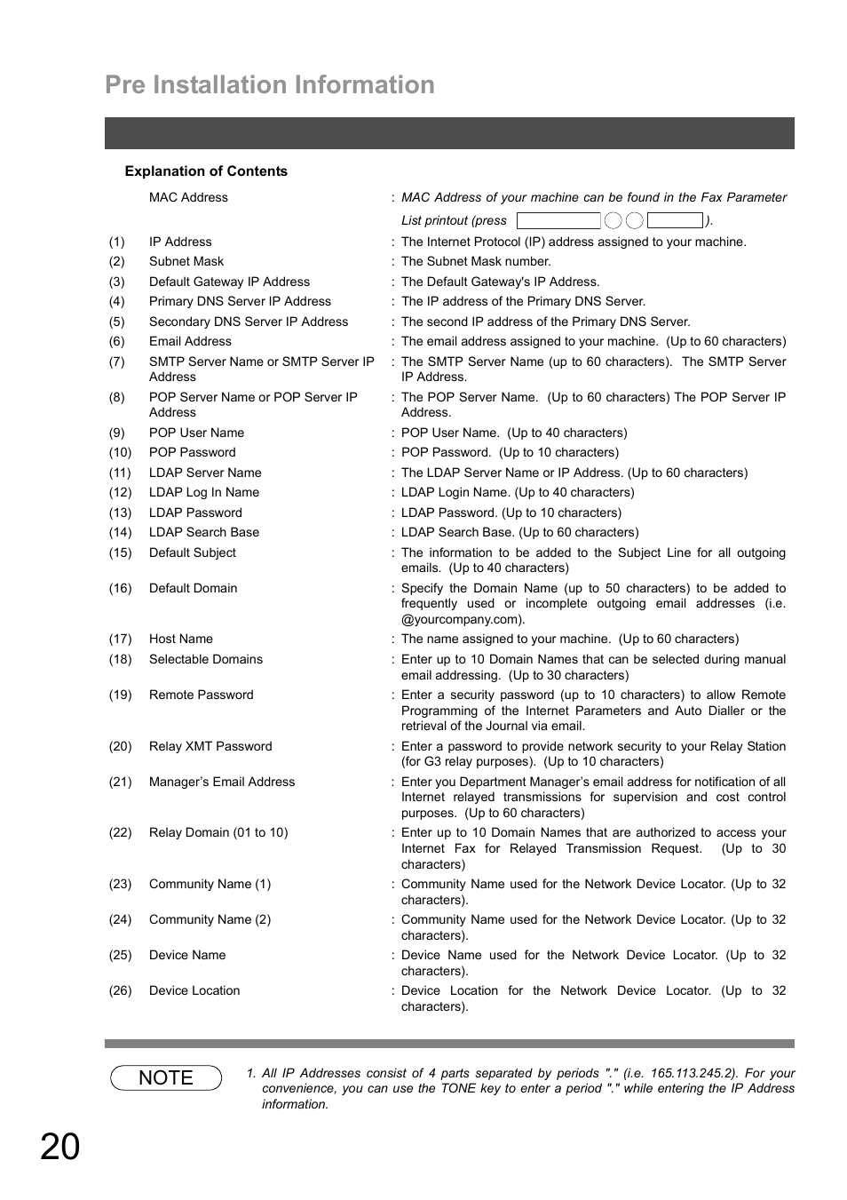Pre installation information | Panasonic DX-600 User Manual | Page 20 / 255