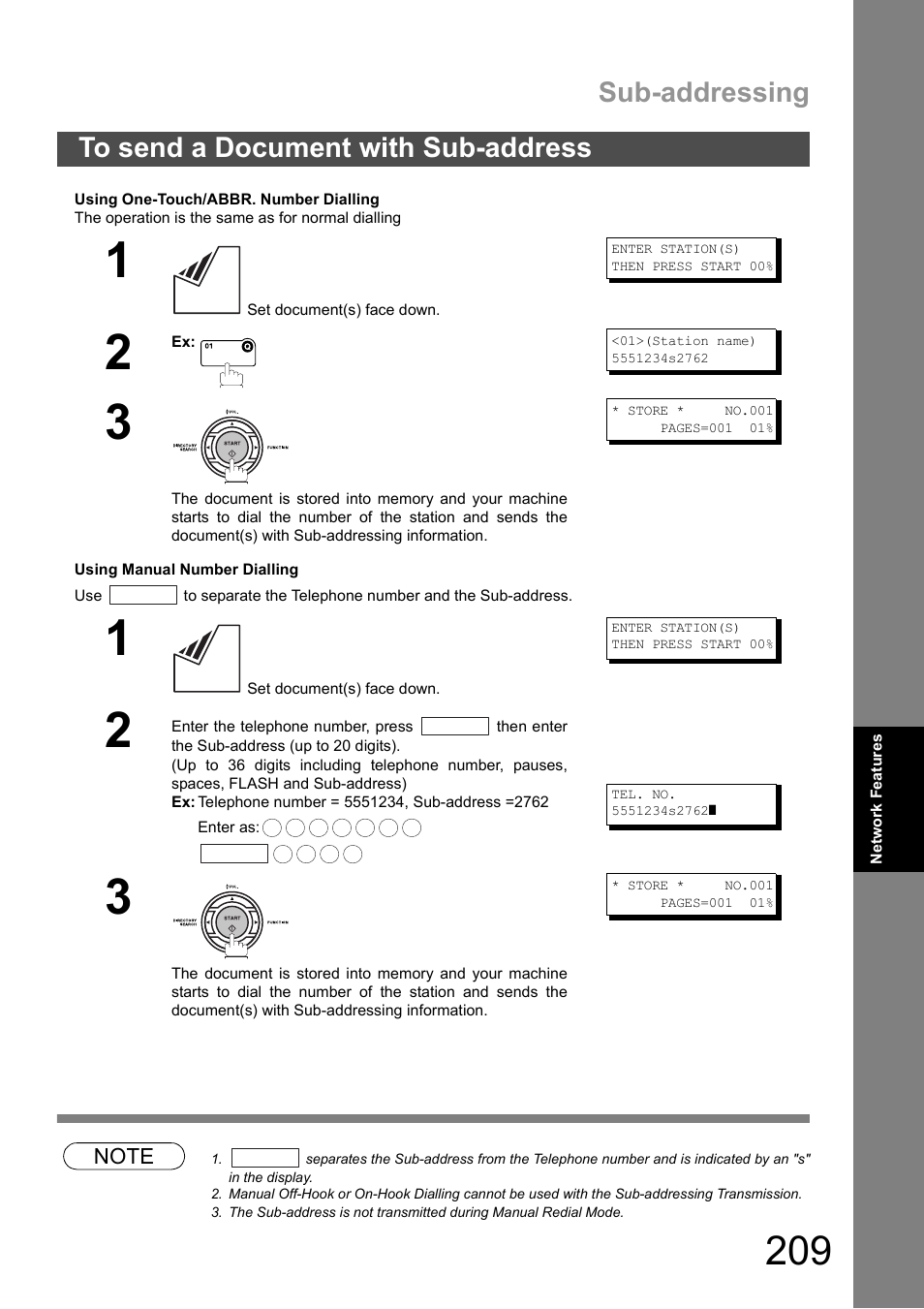 To send a document with sub-address, Sub-addressing | Panasonic DX-600 User Manual | Page 209 / 255