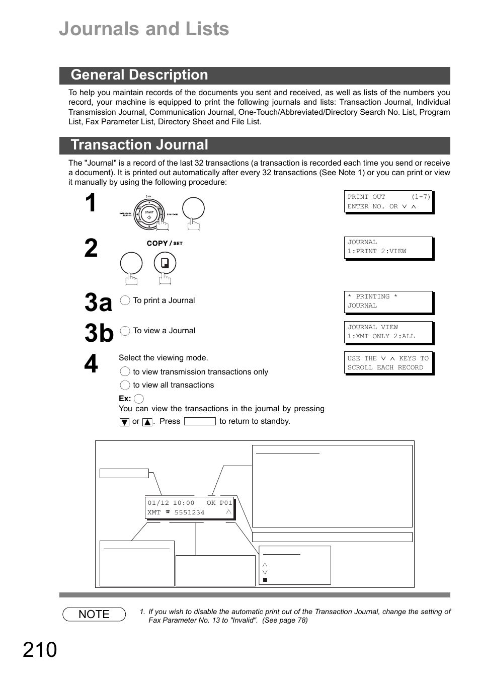 Printout journals and lists, Journals and lists, General description | Transaction journal, General description transaction journal | Panasonic DX-600 User Manual | Page 210 / 255