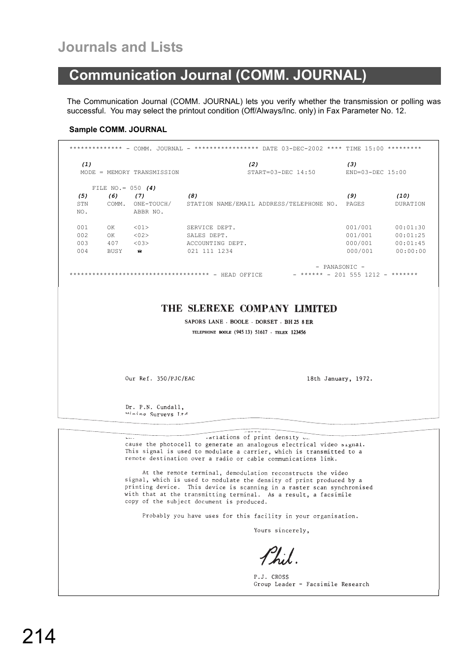 Communication journal (comm. journal), Journals and lists | Panasonic DX-600 User Manual | Page 214 / 255