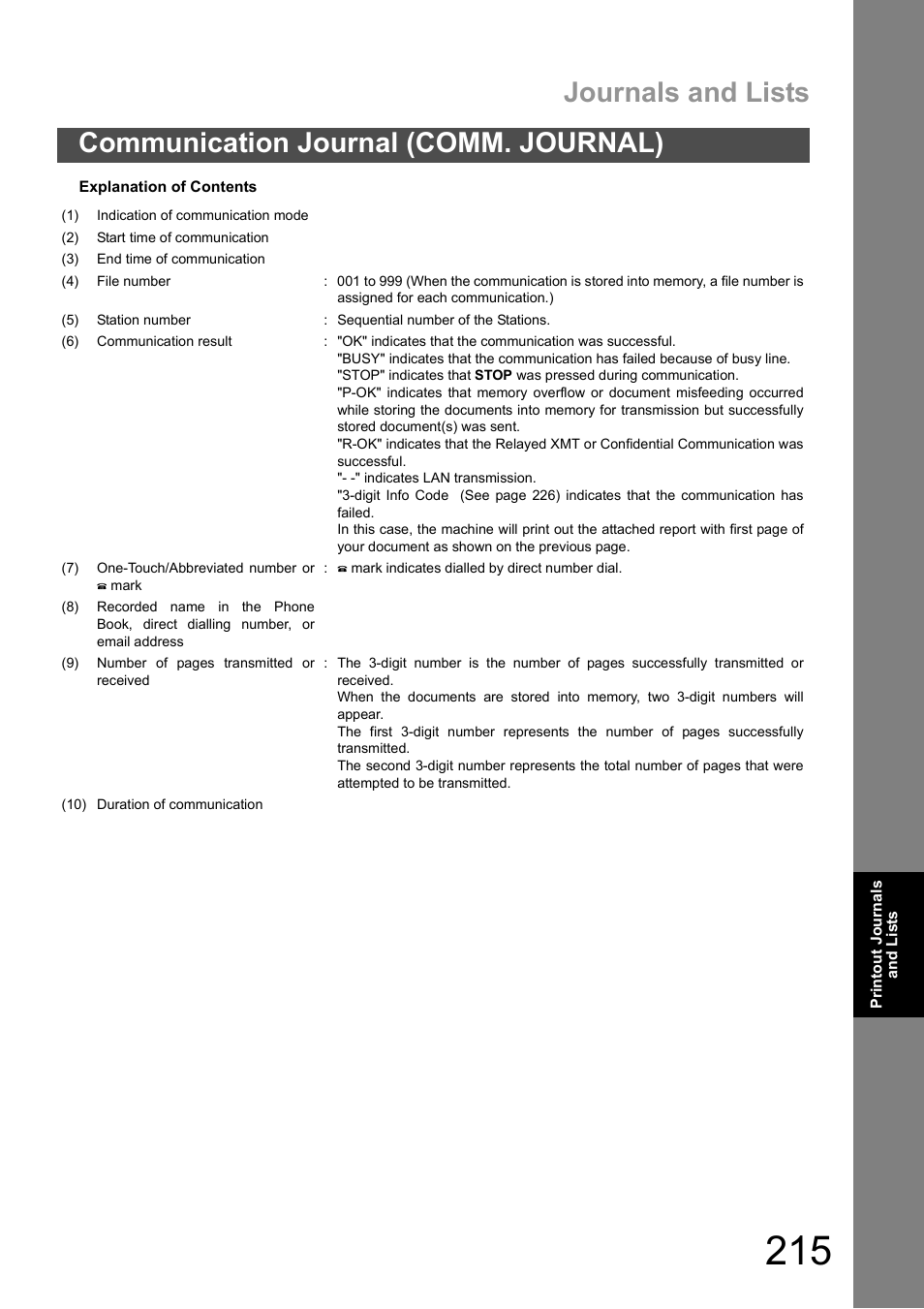Journals and lists, Communication journal (comm. journal) | Panasonic DX-600 User Manual | Page 215 / 255