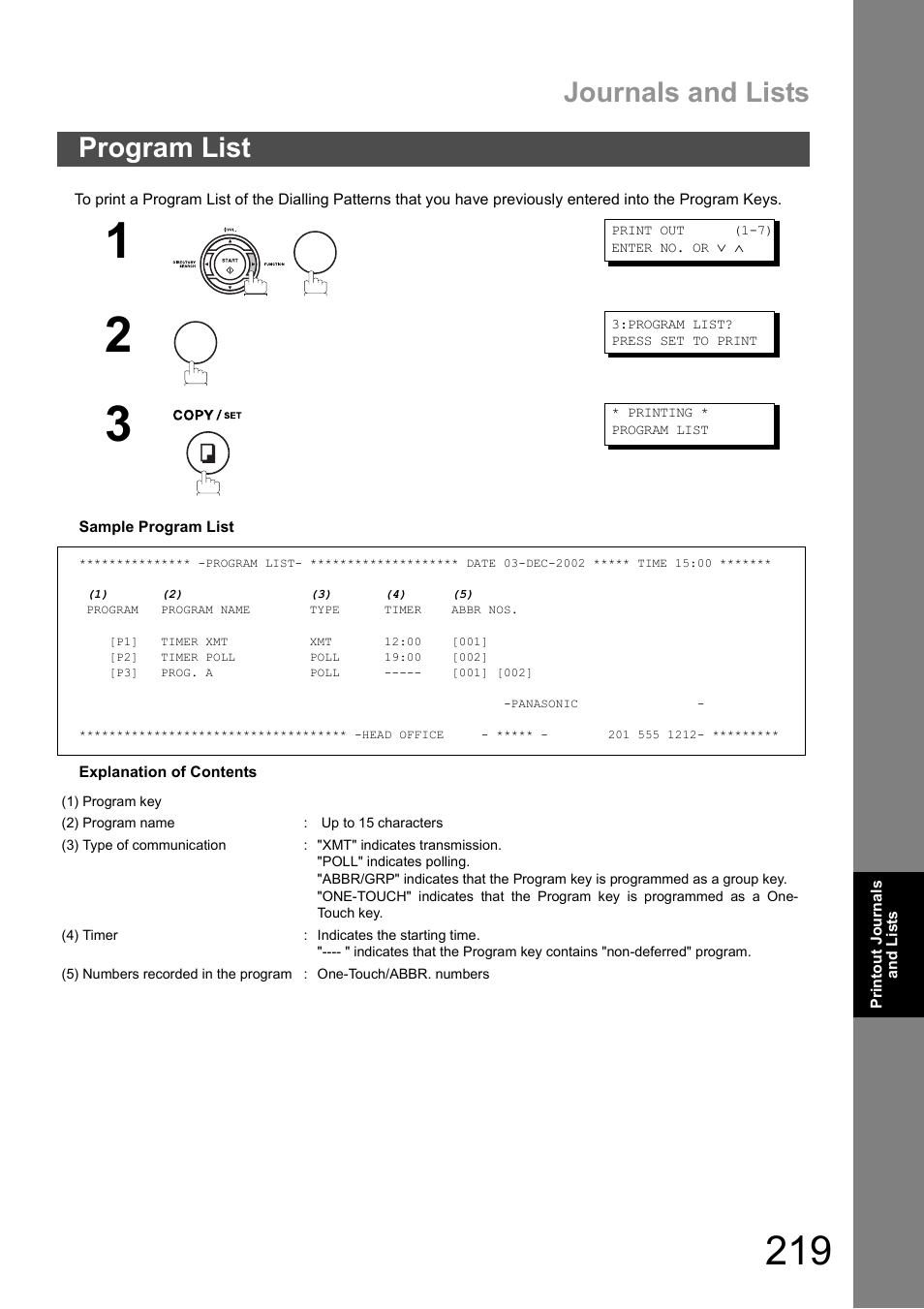Program list, Journals and lists | Panasonic DX-600 User Manual | Page 219 / 255