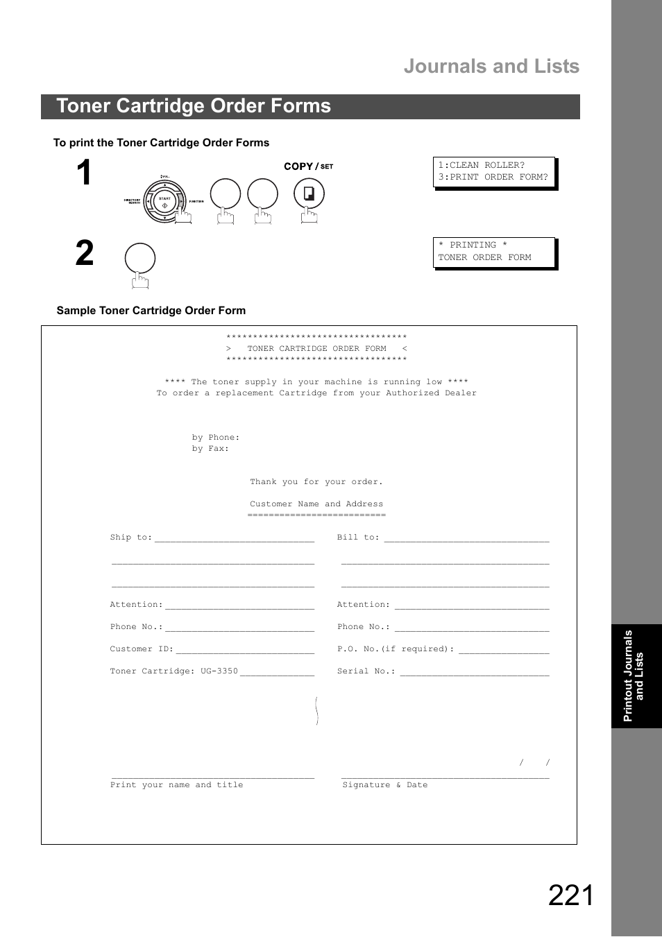 Toner cartridge order forms, Journals and lists | Panasonic DX-600 User Manual | Page 221 / 255