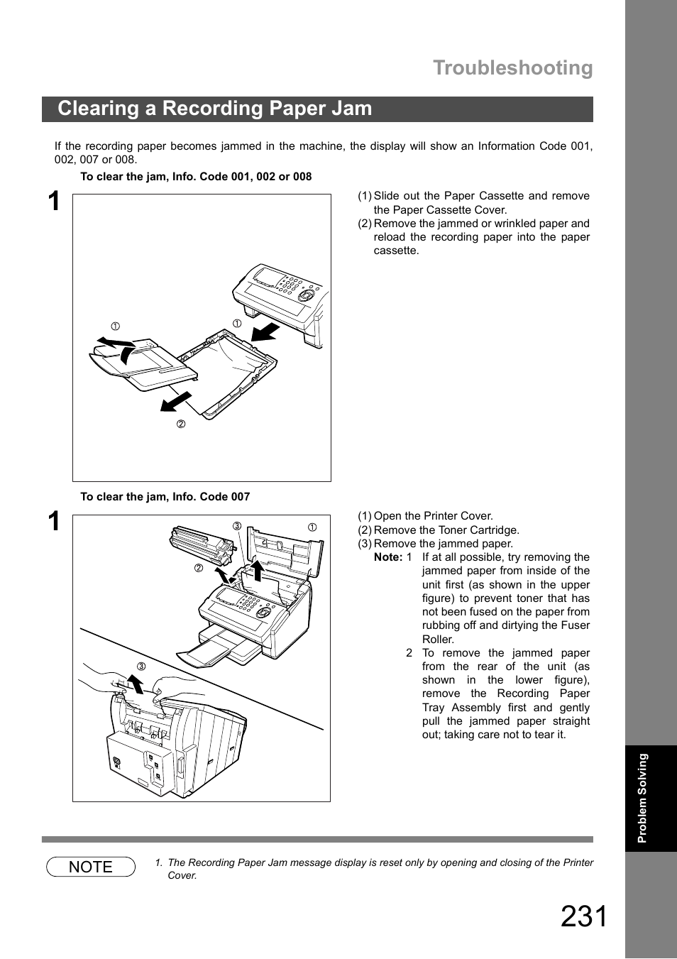 Clearing a recording paper jam, Troubleshooting | Panasonic DX-600 User Manual | Page 231 / 255