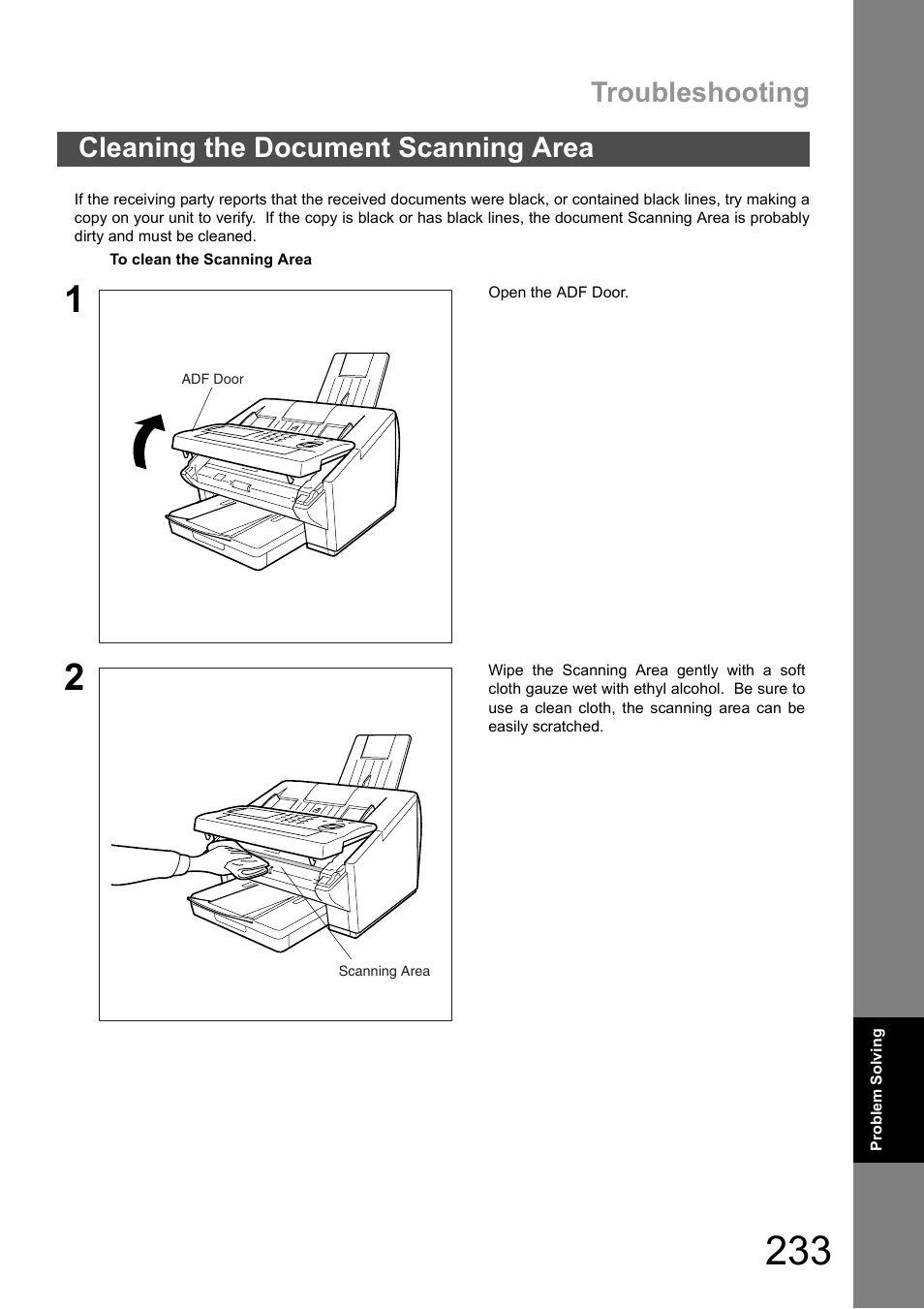 Cleaning the document scanning area, Troubleshooting | Panasonic DX-600 User Manual | Page 233 / 255