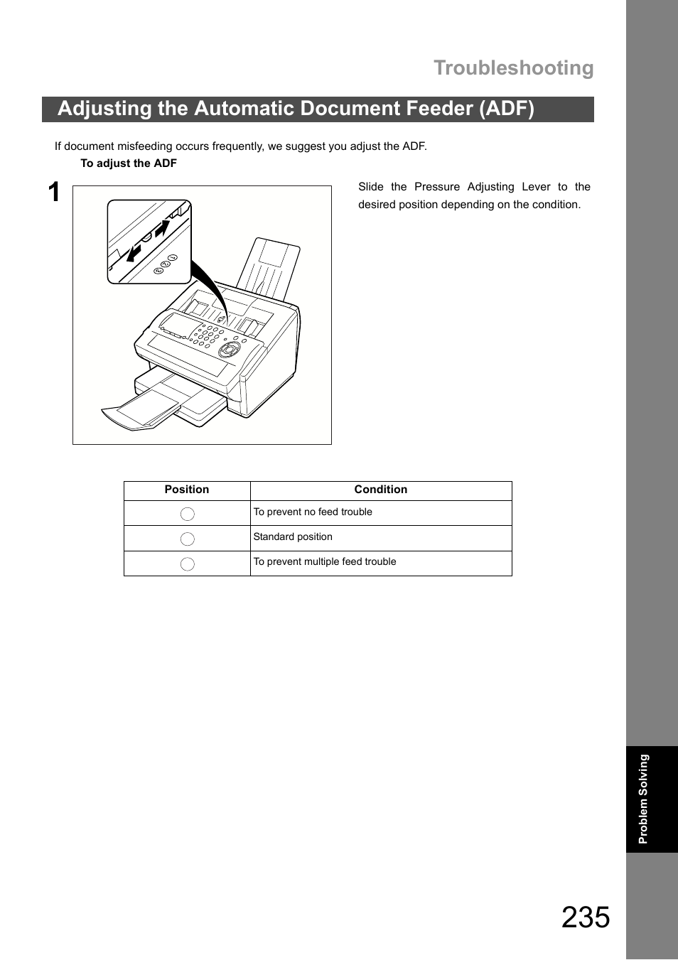 Adjusting the automatic document feeder (adf), Troubleshooting | Panasonic DX-600 User Manual | Page 235 / 255