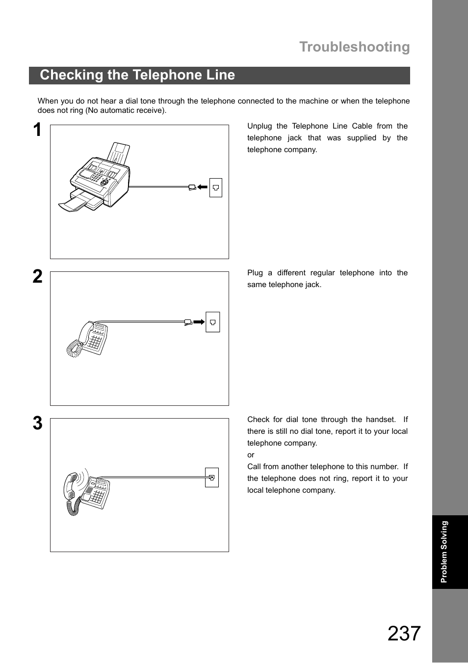 Checking the telephone line, Troubleshooting | Panasonic DX-600 User Manual | Page 237 / 255