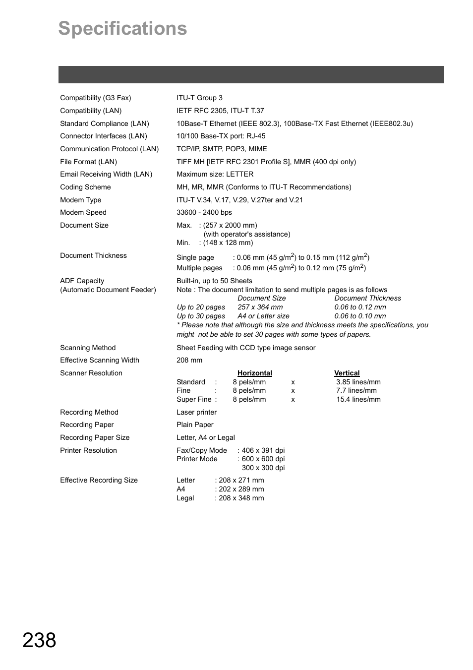 Appendix, Specifications | Panasonic DX-600 User Manual | Page 238 / 255