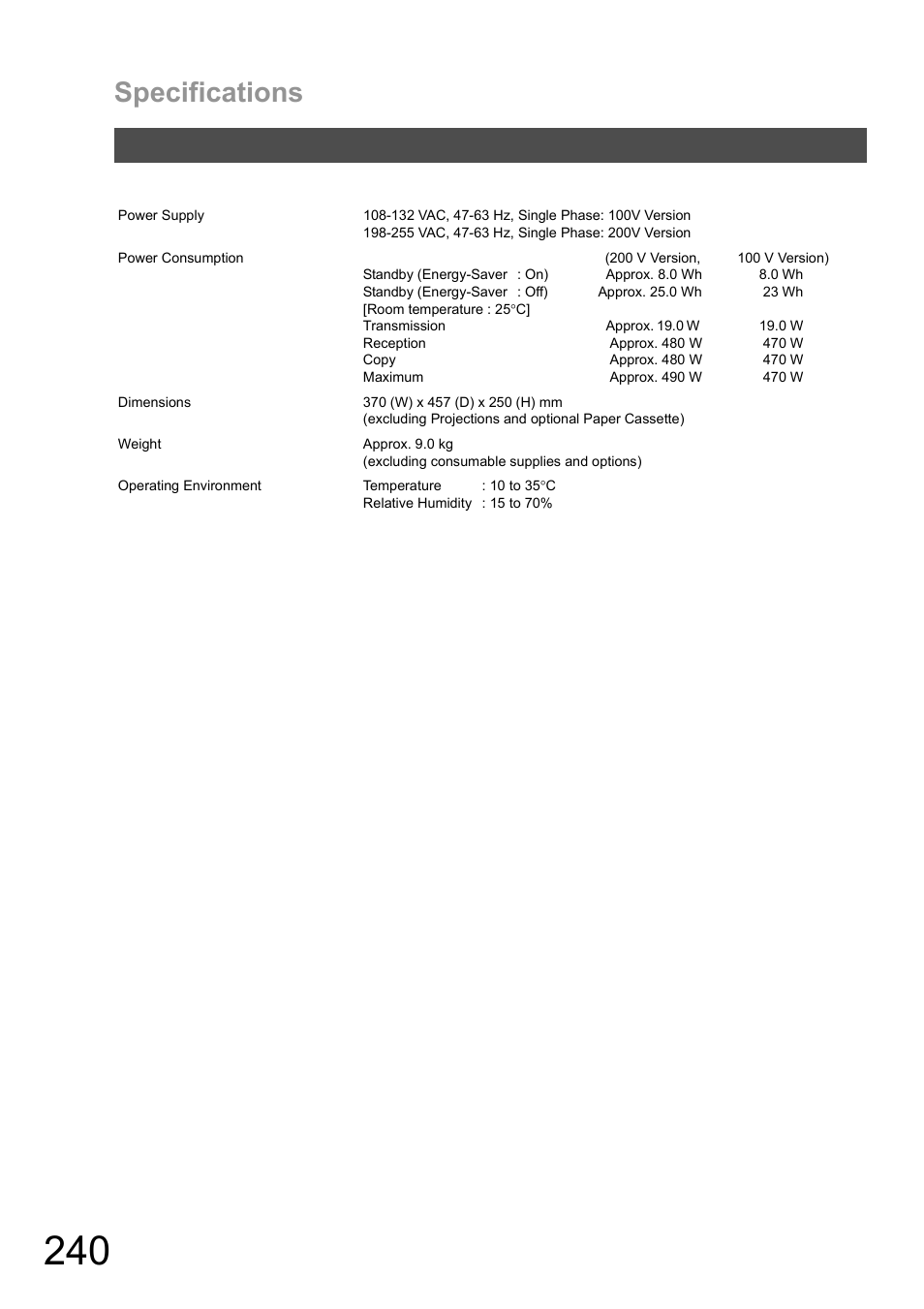 Specifications | Panasonic DX-600 User Manual | Page 240 / 255