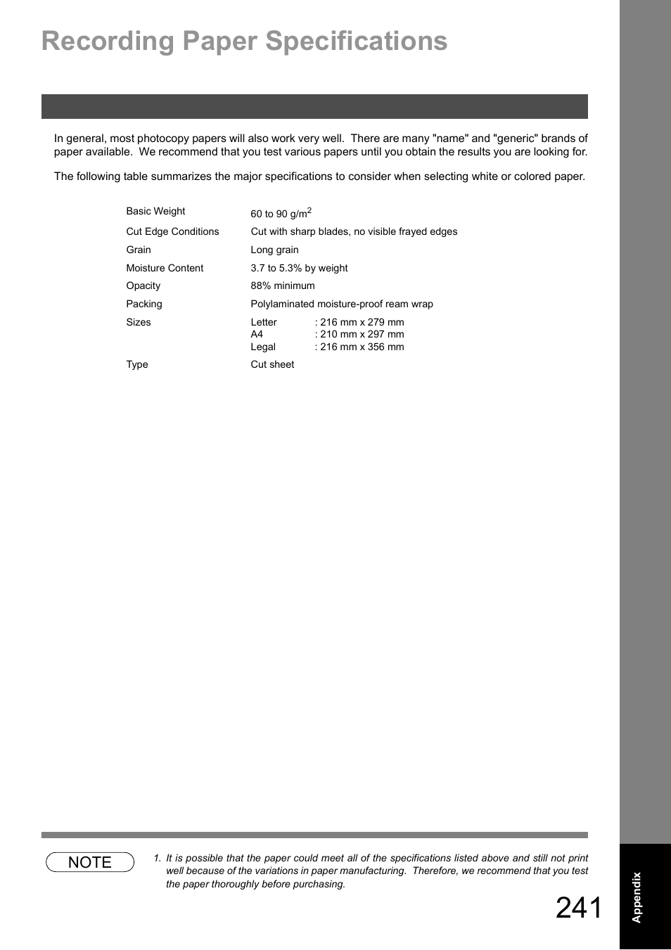 Paper specifications, Recording paper specifications | Panasonic DX-600 User Manual | Page 241 / 255