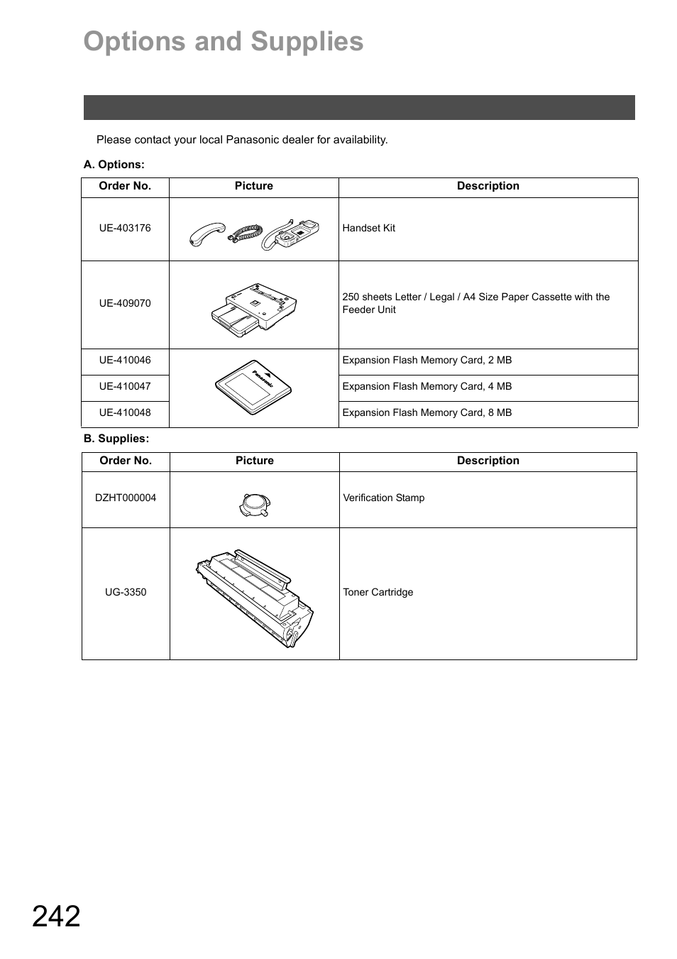 Options and supplies | Panasonic DX-600 User Manual | Page 242 / 255