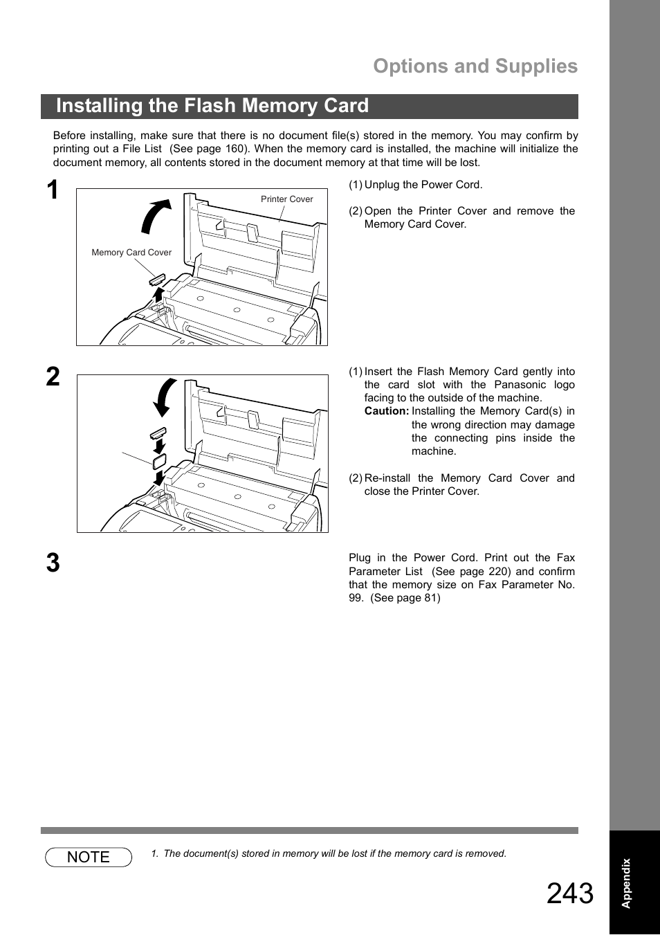 Installing the flash memory card, Options and supplies | Panasonic DX-600 User Manual | Page 243 / 255