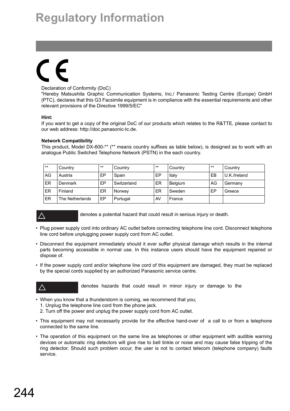 Regulatory information, Warning, Caution | Panasonic DX-600 User Manual | Page 244 / 255
