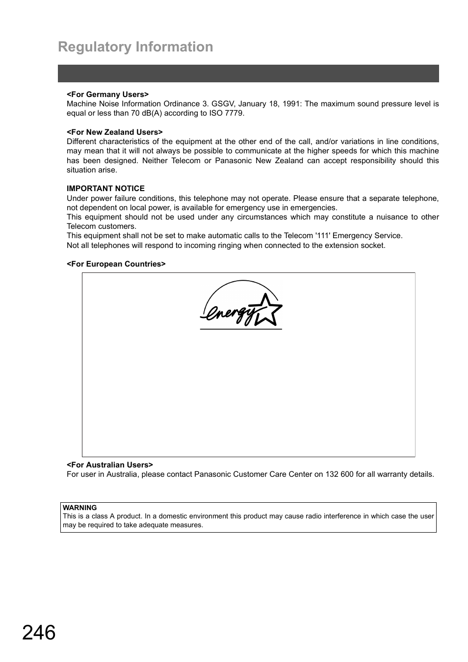 Regulatory information | Panasonic DX-600 User Manual | Page 246 / 255