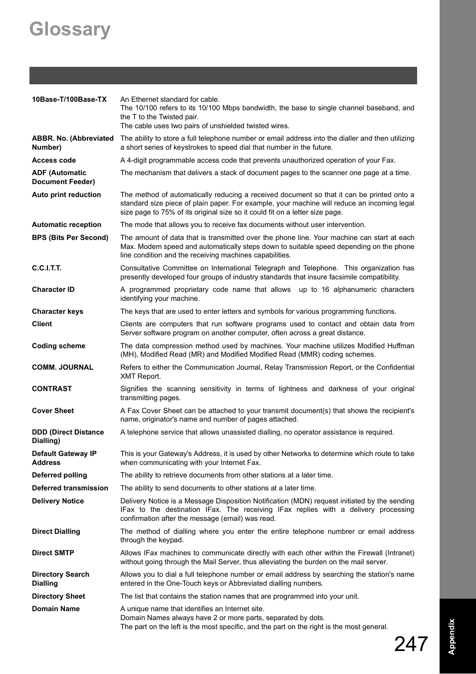 Glossary | Panasonic DX-600 User Manual | Page 247 / 255