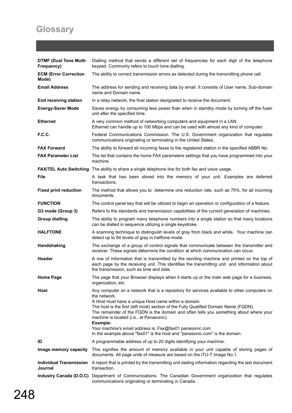 Glossary | Panasonic DX-600 User Manual | Page 248 / 255