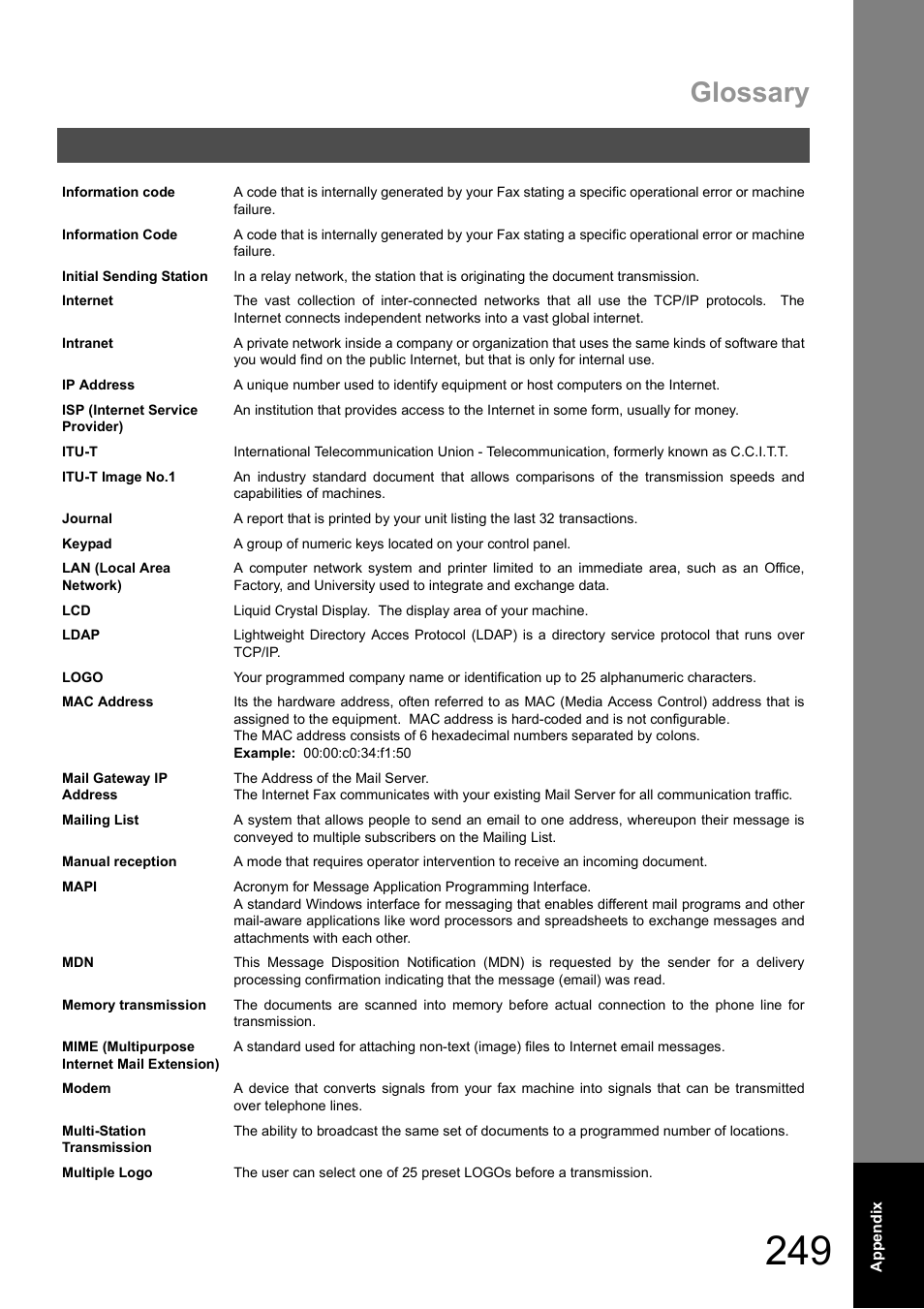 Glossary | Panasonic DX-600 User Manual | Page 249 / 255