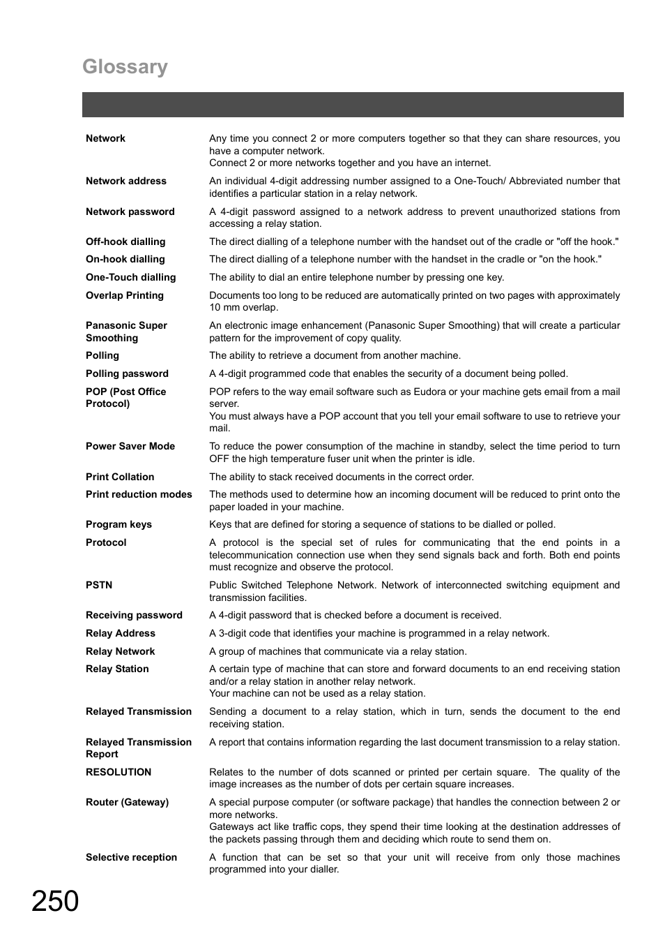 Glossary | Panasonic DX-600 User Manual | Page 250 / 255
