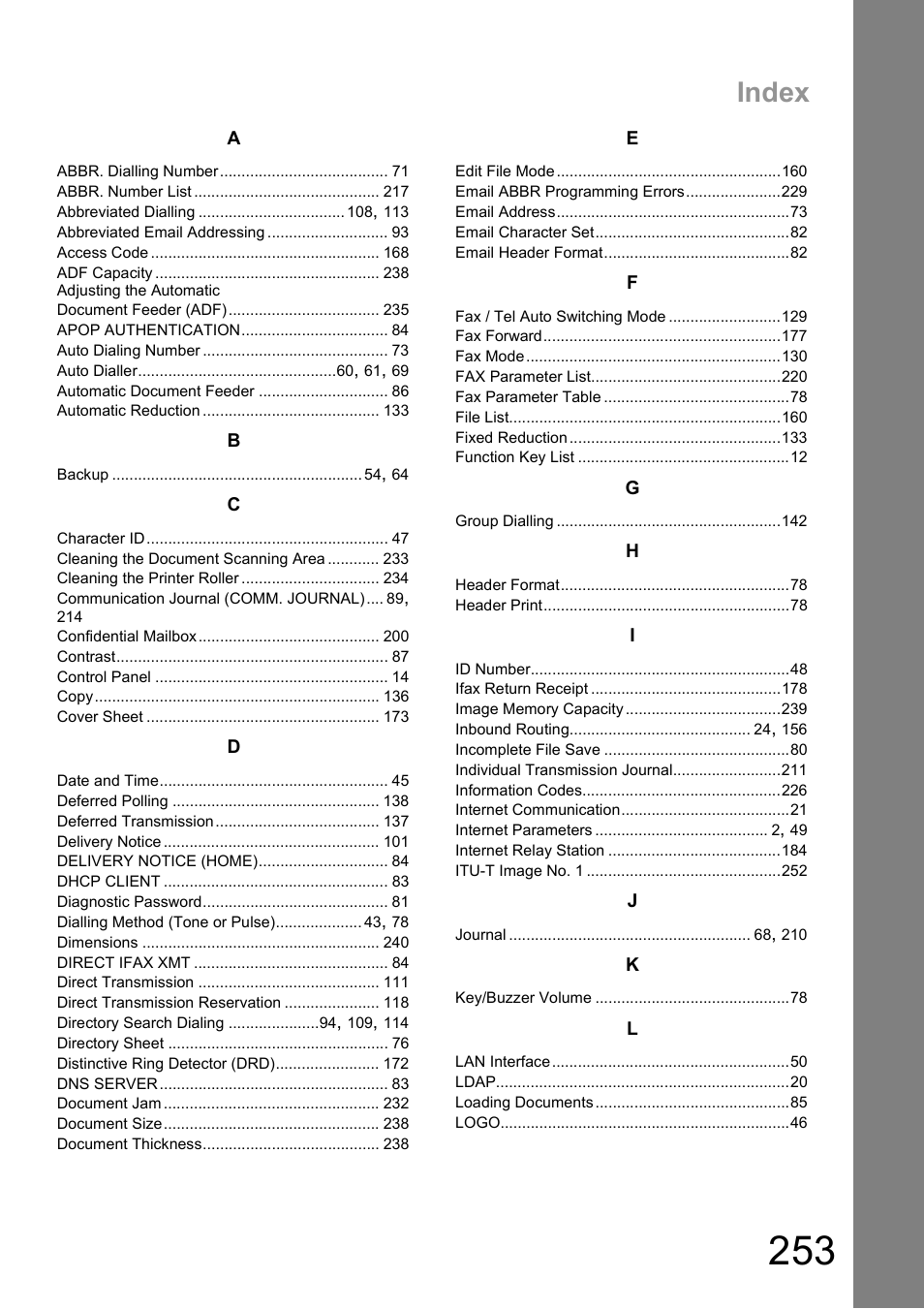Index | Panasonic DX-600 User Manual | Page 253 / 255
