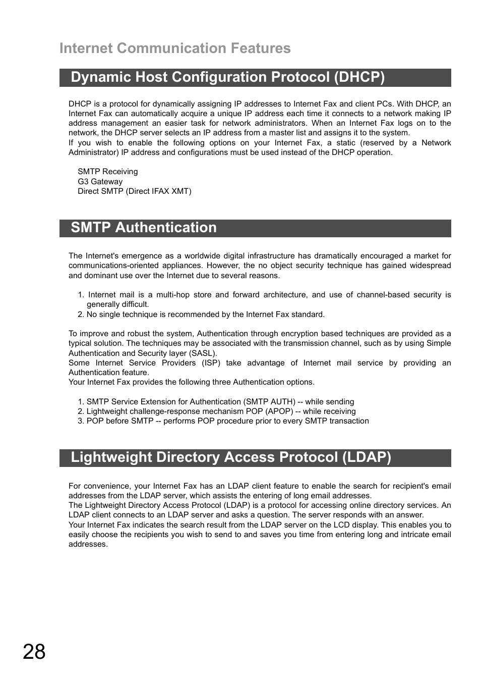 Dynamic host configuration protocol (dhcp), Smtp authentication, Lightweight directory access protocol (ldap) | Internet communication features | Panasonic DX-600 User Manual | Page 28 / 255