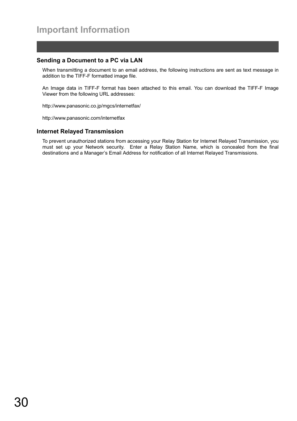 Important information | Panasonic DX-600 User Manual | Page 30 / 255