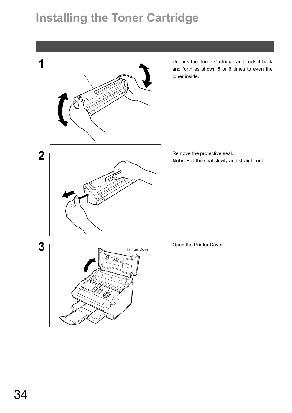 Toner cartridge, Installing the toner cartridge, Installing the toner cartridge 1 | Panasonic DX-600 User Manual | Page 34 / 255