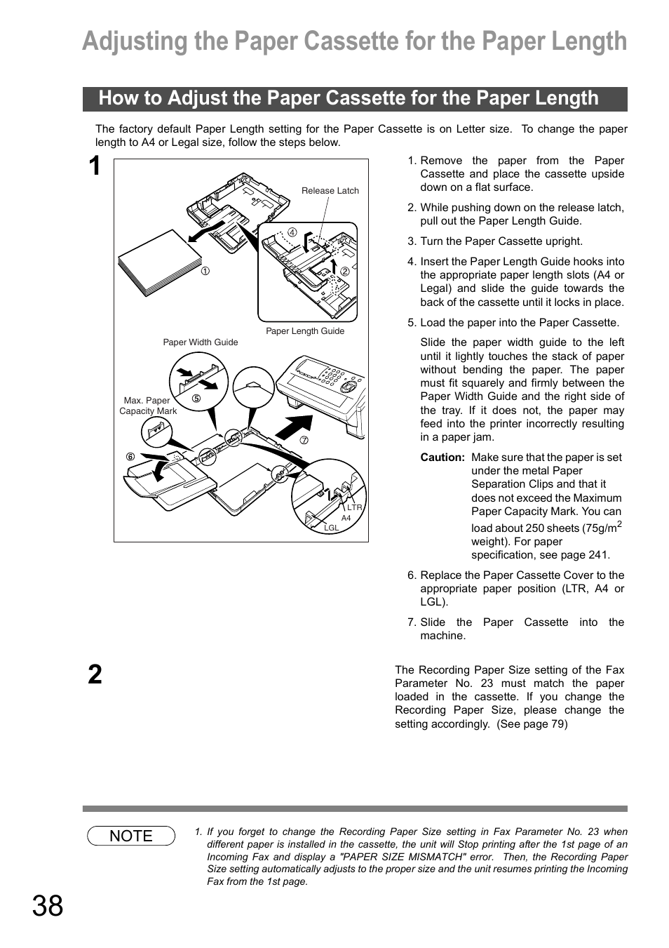 Adjusting the paper cassette for the paper length | Panasonic DX-600 User Manual | Page 38 / 255