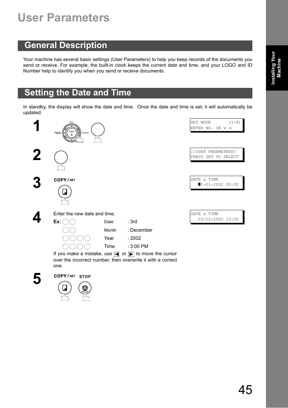 User parameters, General description, Setting the date and time | General description setting the date and time | Panasonic DX-600 User Manual | Page 45 / 255