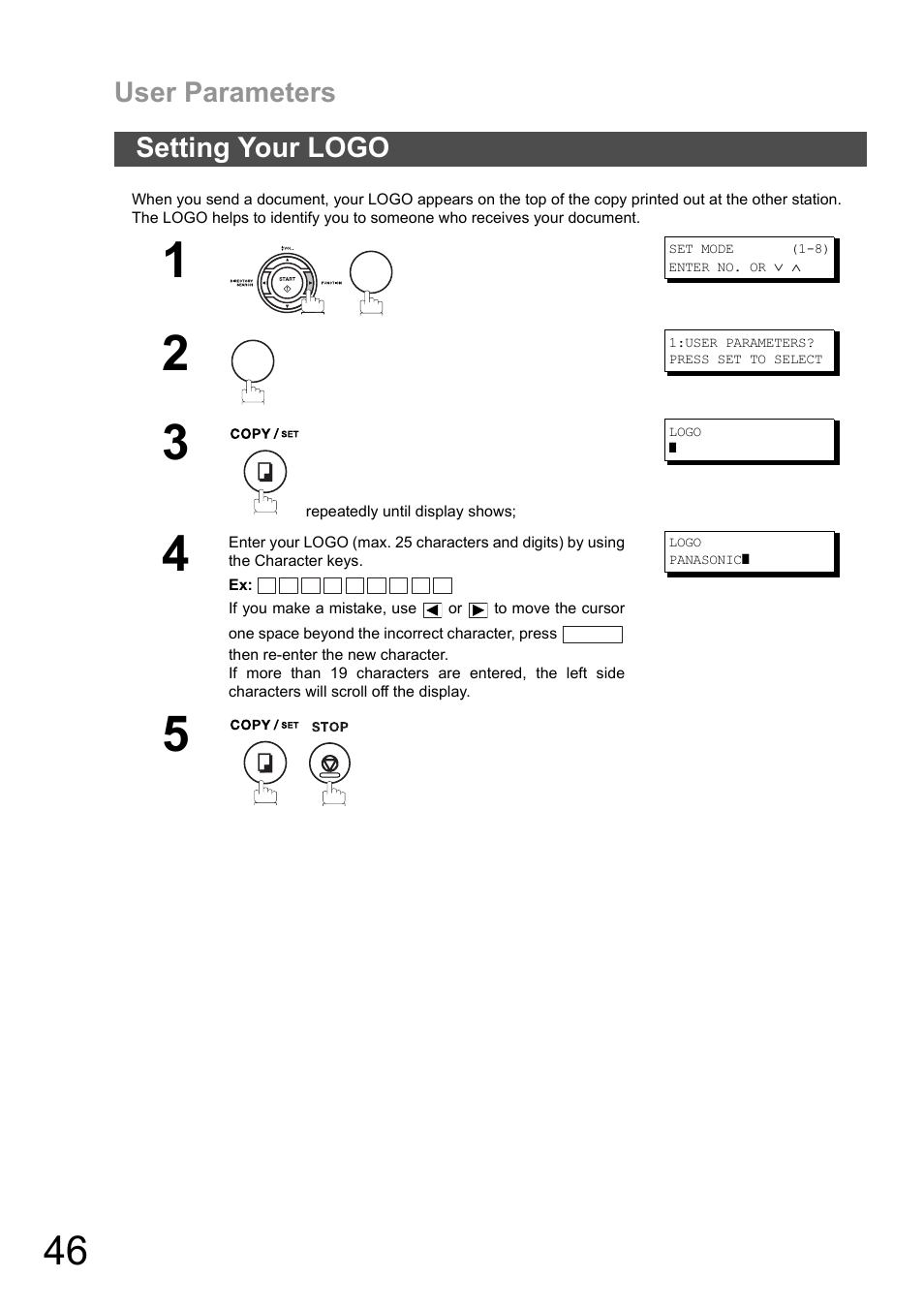 Setting your logo, User parameters | Panasonic DX-600 User Manual | Page 46 / 255