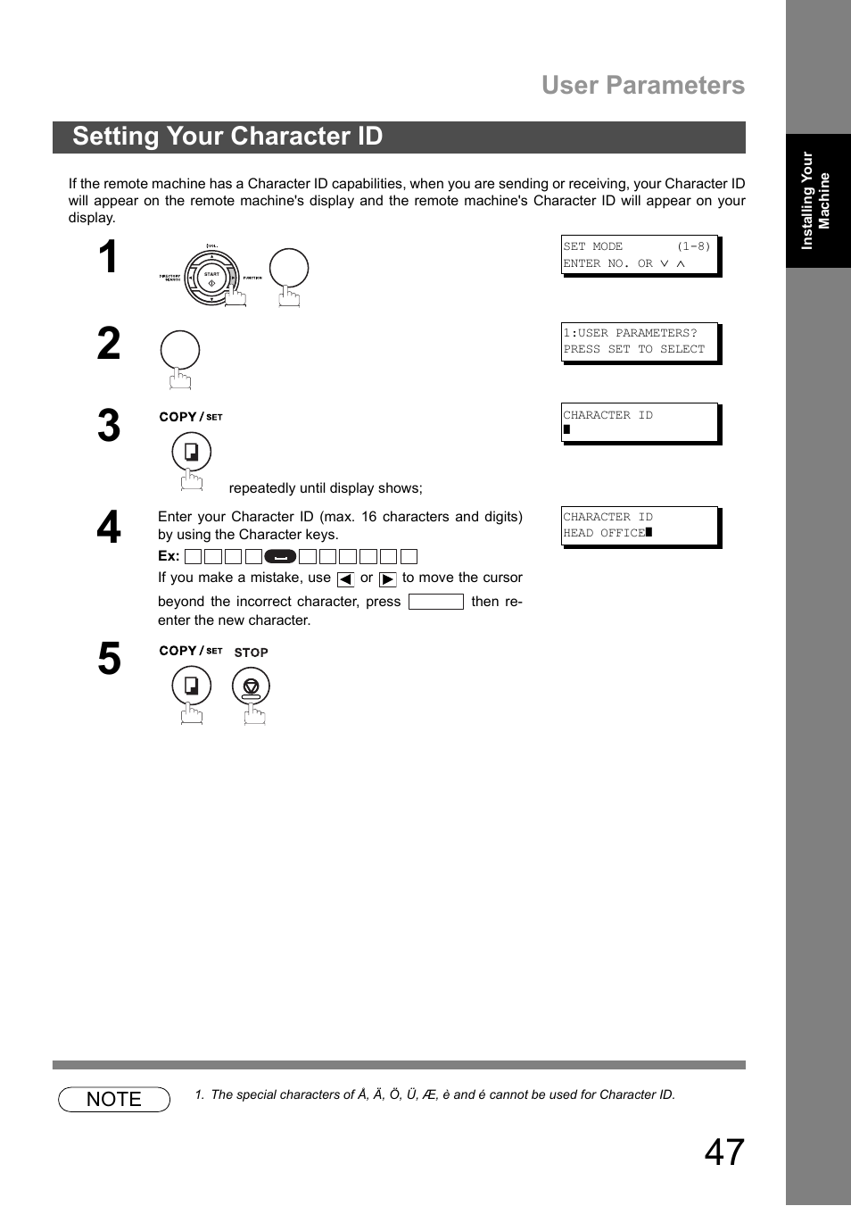 Setting your character id, User parameters | Panasonic DX-600 User Manual | Page 47 / 255