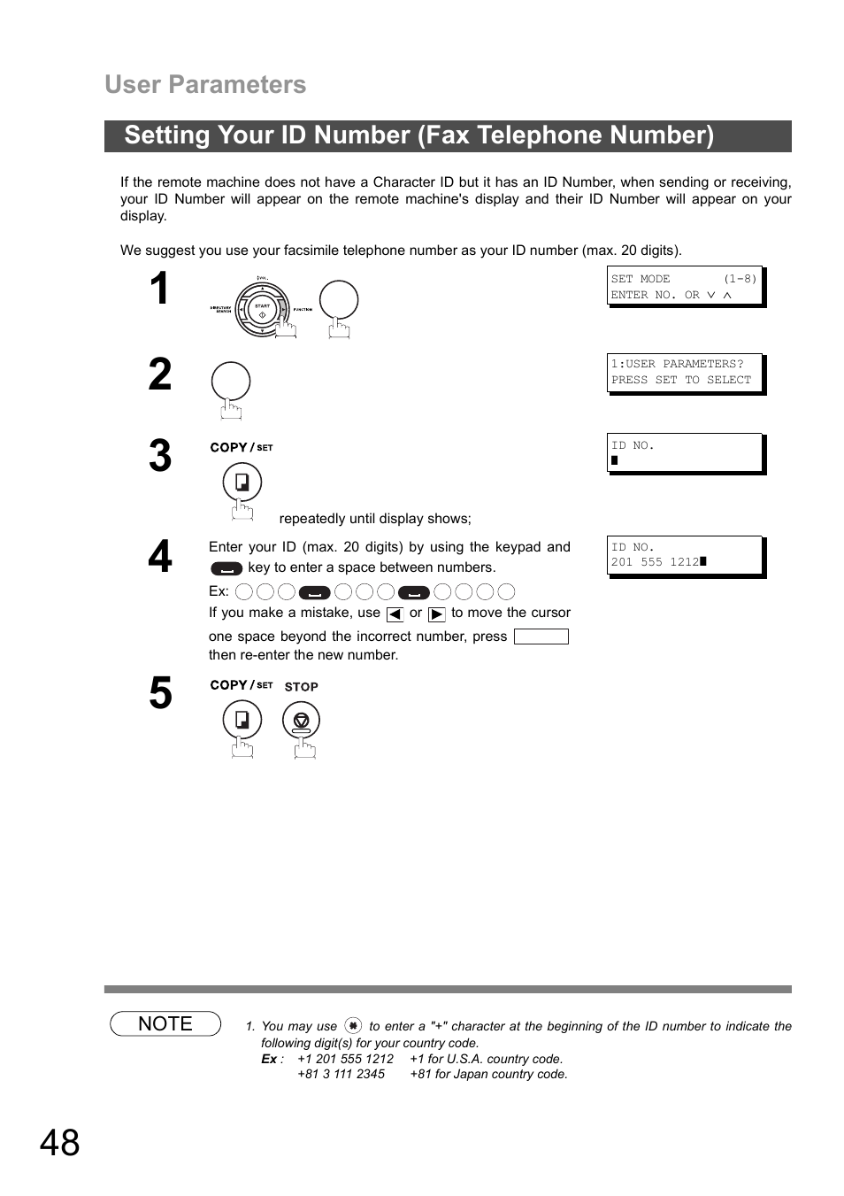 Setting your id number (fax telephone number), User parameters | Panasonic DX-600 User Manual | Page 48 / 255