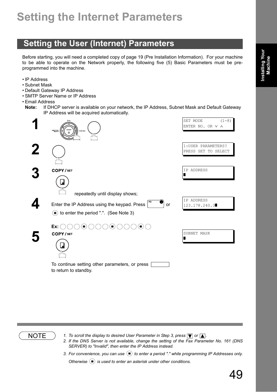 Setting the internet parameters, Setting the user (internet) parameters | Panasonic DX-600 User Manual | Page 49 / 255