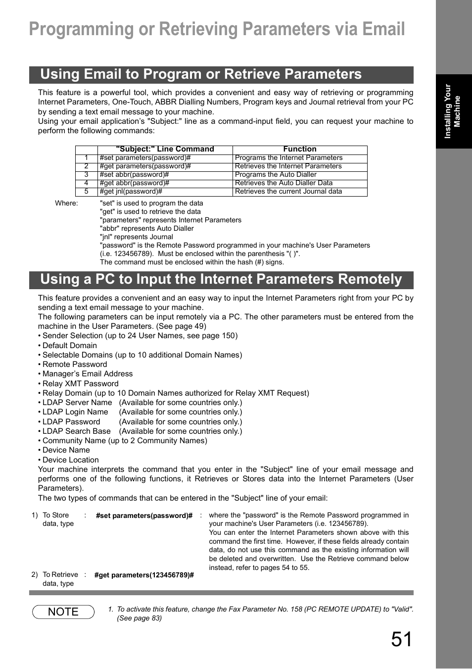 Programming or retrieving parameters, Using email to program or retrieve parameters, Programming or retrieving parameters via email | Panasonic DX-600 User Manual | Page 51 / 255