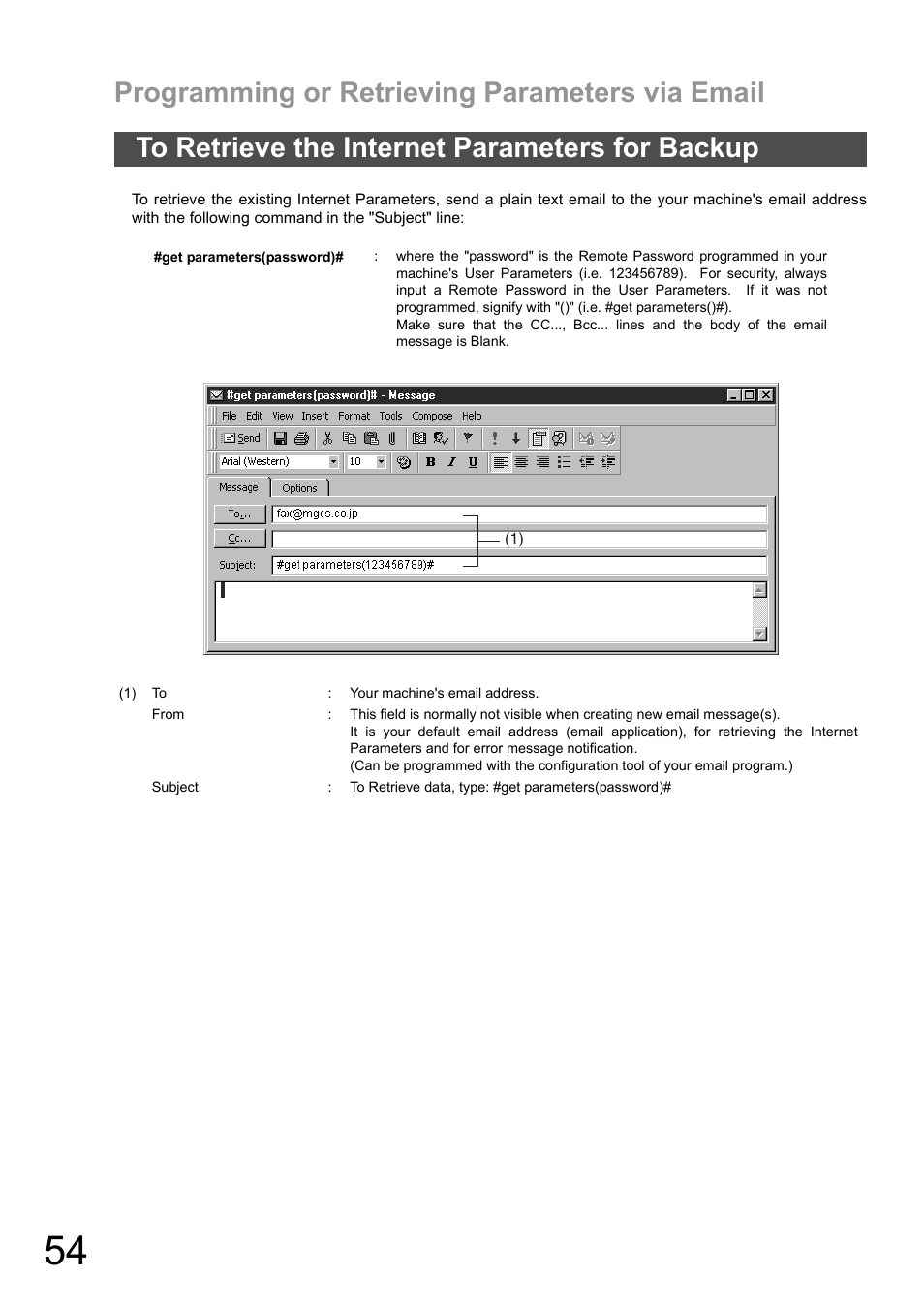To retrieve the internet parameters for backup, Programming or retrieving parameters via email | Panasonic DX-600 User Manual | Page 54 / 255