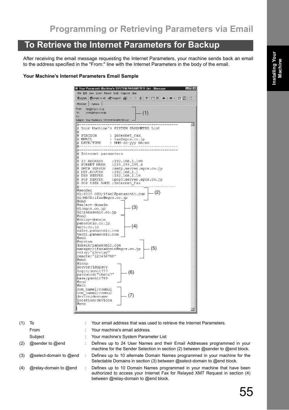 To 55, Programming or retrieving parameters via email | Panasonic DX-600 User Manual | Page 55 / 255